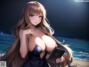 Anime girl with big tits sitting on a bed.