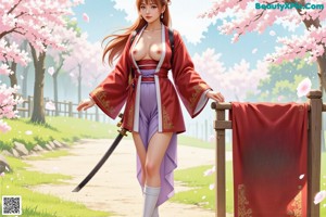 A woman in traditional attire holds a sword, standing amidst cherry blossoms.