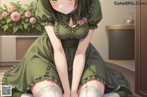 A woman in a green dress sitting on a chair.