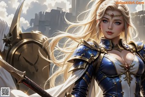 A woman with long blonde hair holding a sword.