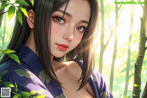 A woman in a kimono is posing in the woods.