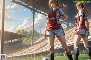 A couple of girls standing next to each other on a field.