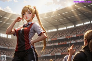 A woman in a white shirt and shorts standing on a soccer field.