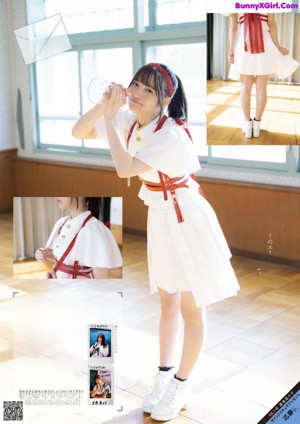 A woman in a school uniform is posing for a magazine.