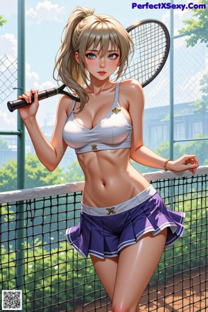 A woman in a white bikini holding a tennis racket.