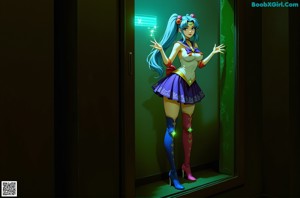 A woman in a sailor outfit posing by a window.