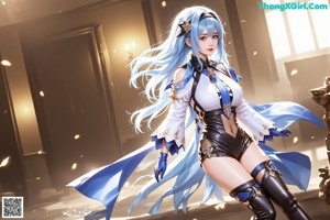 A woman with long blue hair is posing naked in a city.