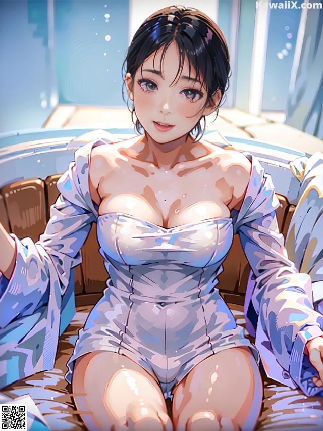 A woman in a bathtub with a qr code on it.