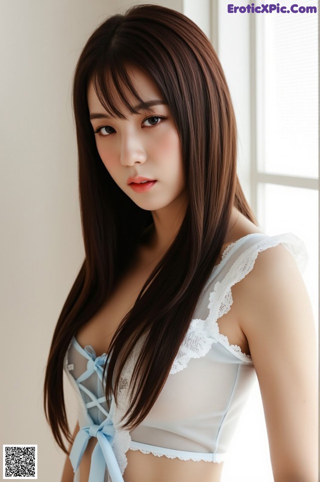 A woman with long brown hair wearing a blue lingerie.