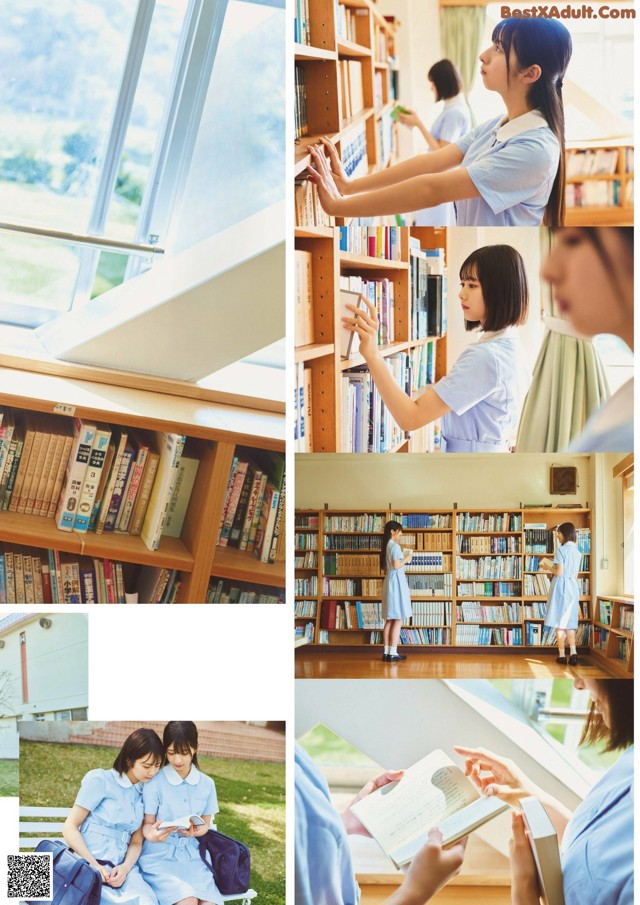 A collage of photos of a woman reading a book.