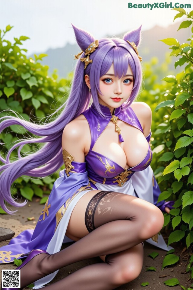 A woman with long purple hair sitting on the ground.