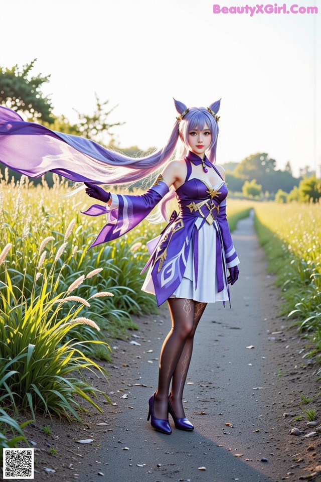 Hentai - Sovereign of Lightning in Exquisite Garb Set.1 20250125 Part 16 No.2b0c8a A woman in a purple and white dress standing on a dirt road.