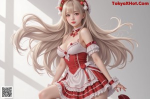 a sexy asian woman in a red and white dress