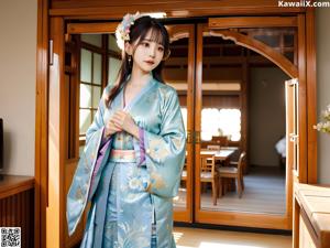 A woman in a blue kimono posing on a bed.