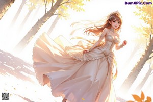 A woman in a wedding dress standing in the woods.