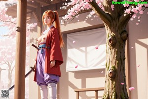 A woman in traditional attire stands by a serene pond with cherry blossoms.