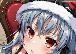Anime girl with big tits sitting on a bed.