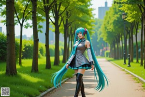 A woman with long blue hair wearing a white top and black gloves.