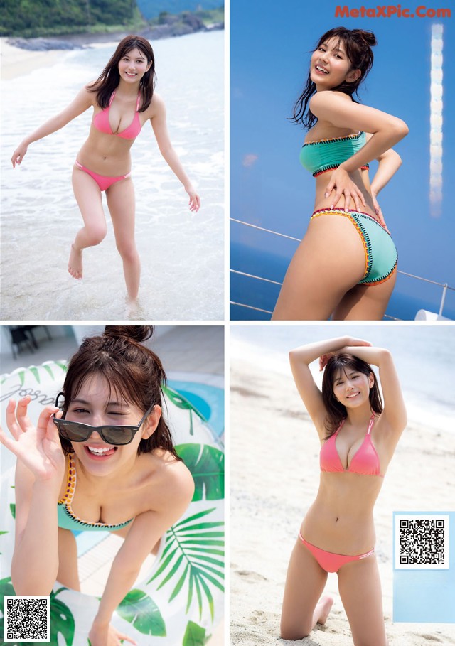 A woman in a bikini posing on the beach.