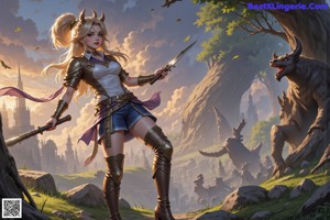 A woman in a bikini holding a sword in a forest.