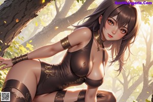 A woman in a black and gold outfit is sitting on a rock.