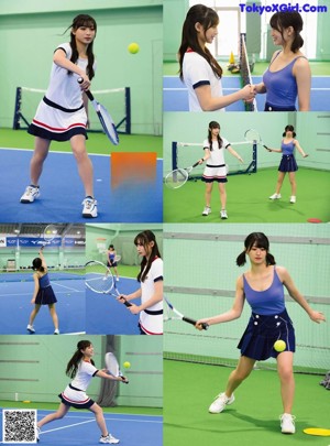 Two young women standing on a tennis court holding tennis rackets.