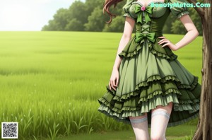 A woman in a green dress and stockings standing in front of a house.