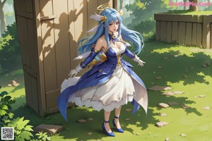 A woman with long blue hair standing in front of a window.