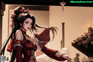 A woman in a white dress with a red sash.