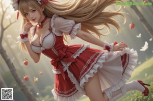 a woman in a pink and white dress with a bunny ears headband