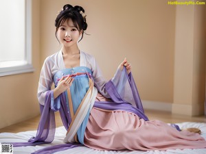 A woman in a white kimono posing for the camera.