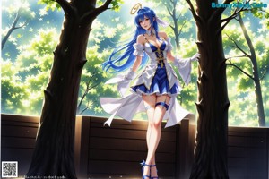 A woman with long blue hair wearing a white dress and a crown.