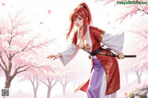 A woman in traditional attire holds a sword, standing amidst cherry blossoms.