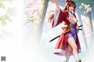 A woman with long brown hair holds a sword, wearing a red and white outfit with thigh-high boots.