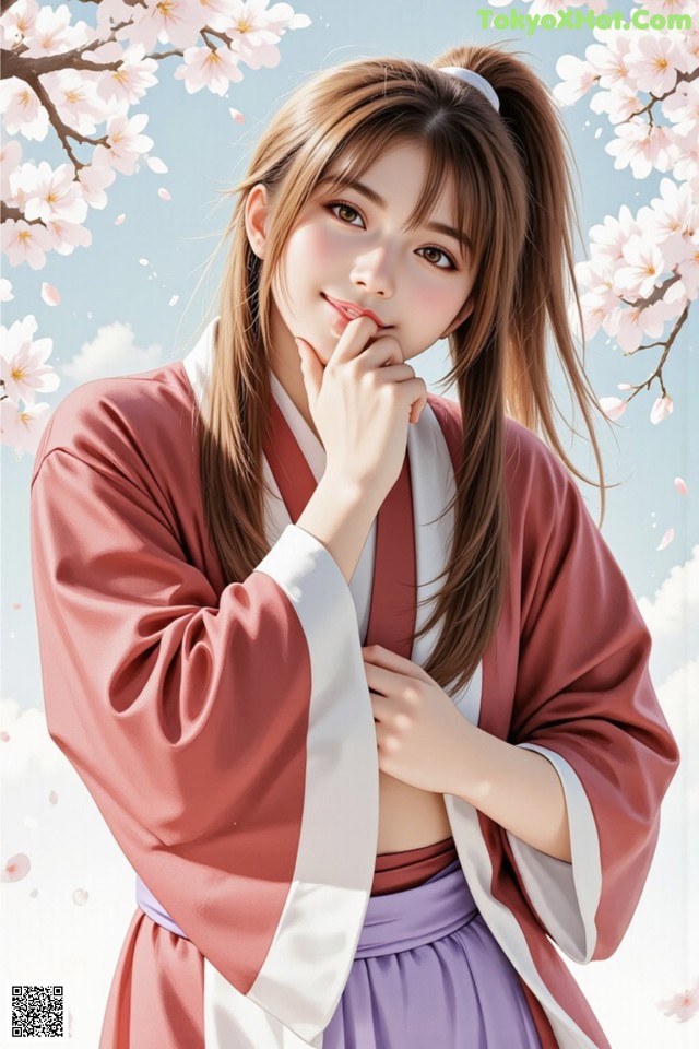 Woman in traditional attire with cherry blossoms in background.