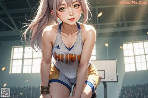 A woman in a pink and blue uniform holding a basketball.