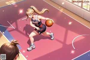 A woman holding a basketball on a basketball court.