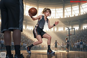 A woman in an orange uniform dribbling a basketball on a court.