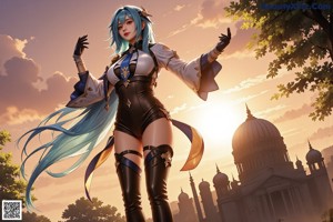 A woman with long blue hair standing in front of a window.