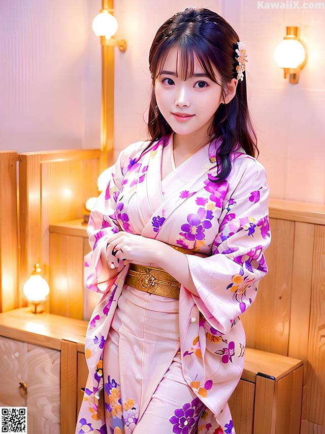 A woman in a pink kimono posing for a picture.