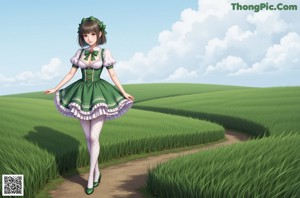 A woman in a green and white dress sitting on the floor.