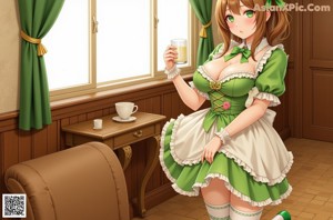 A woman in a green dress sitting on a window sill.