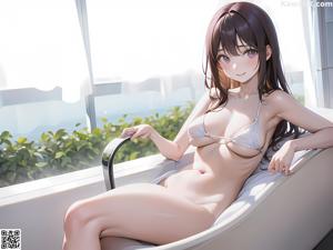 A naked anime girl posing in front of a window.