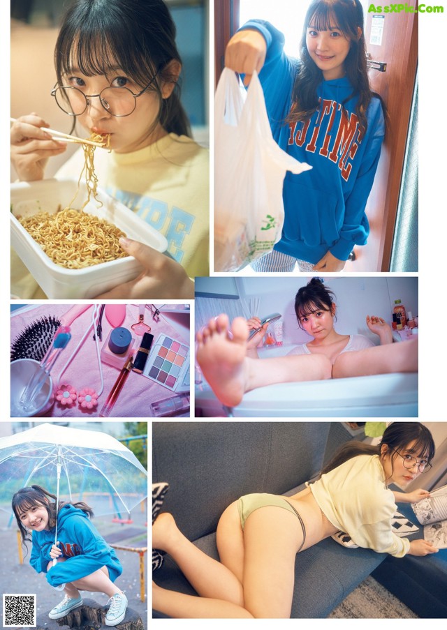 A collage of photos of a woman eating noodles.