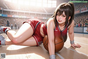 A woman holding a basketball in front of a basketball court.