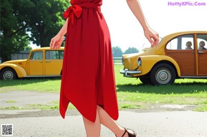 A girl in a white dress standing in a parking lot.
