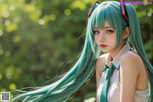 A girl with long green hair sitting on a tree branch.