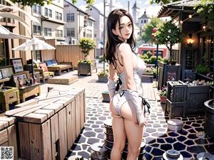 A woman in a white bikini standing in a laundry room.