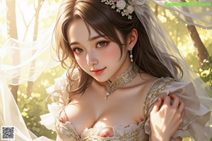A woman in a wedding dress with a veil and a tia.
